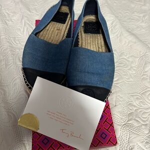 Tory Burch Denim Blue and Black Espadrilles